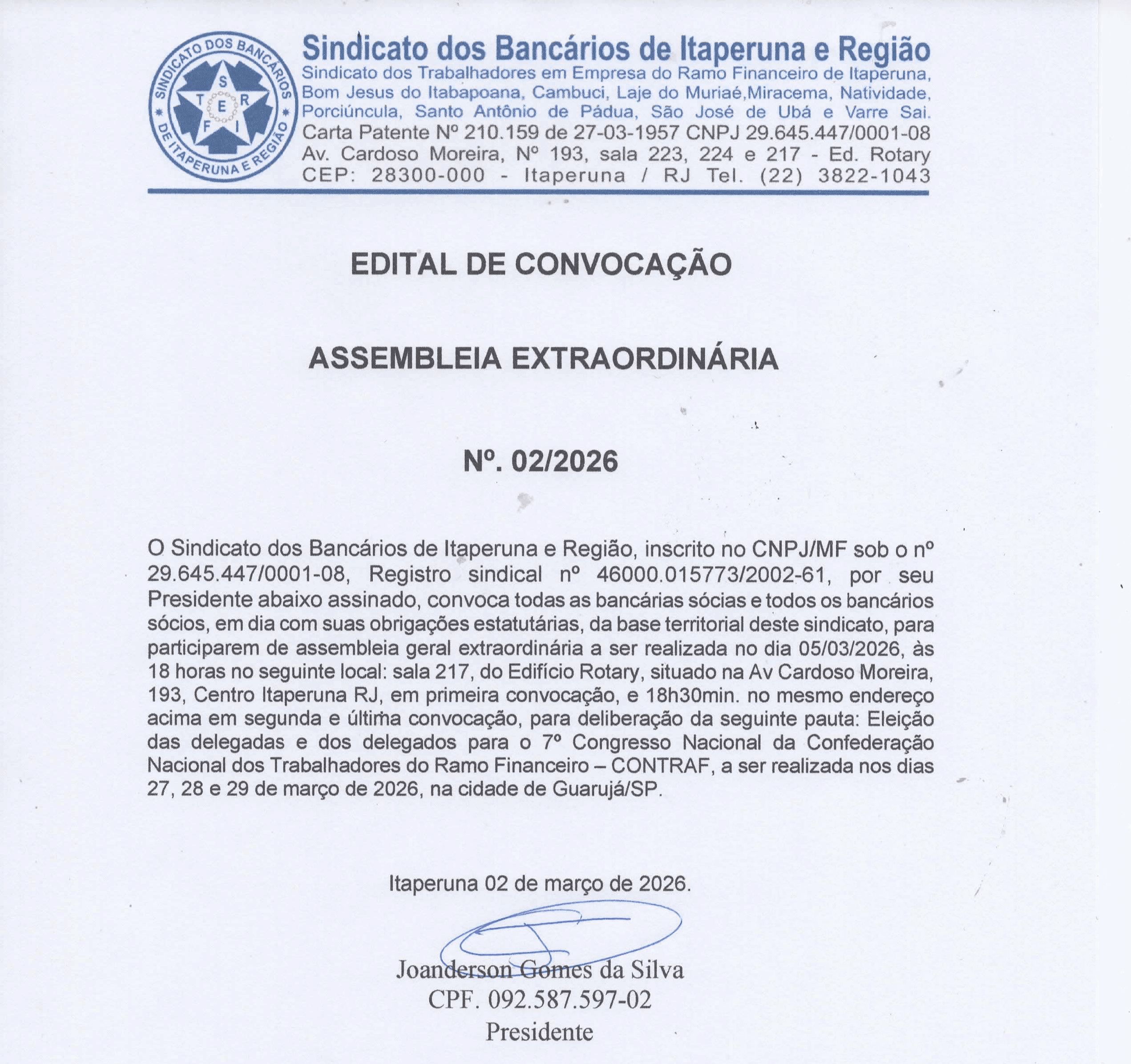 EDITAL DE CONVOCAÇÃO    ASSEMBLEIA EXTRAORDINÁRIA   Nº. 02/2026